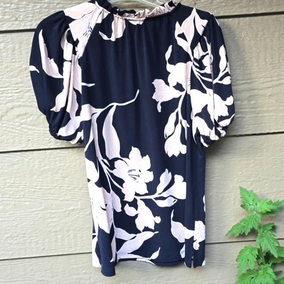 Cece Black Tan Floral Short Puff Sleeve Tie Front Blouse Small - Picture 4 of 5